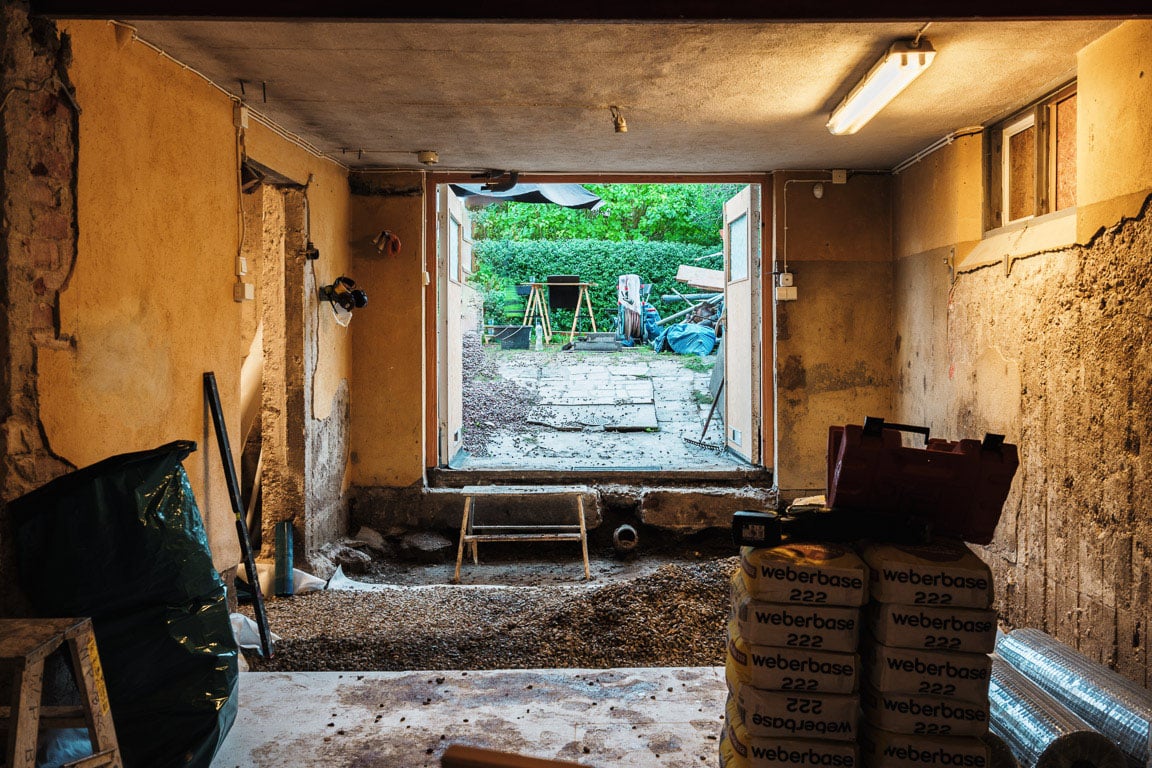 Pågående renovering av källare i Sollentuna, Stockholm