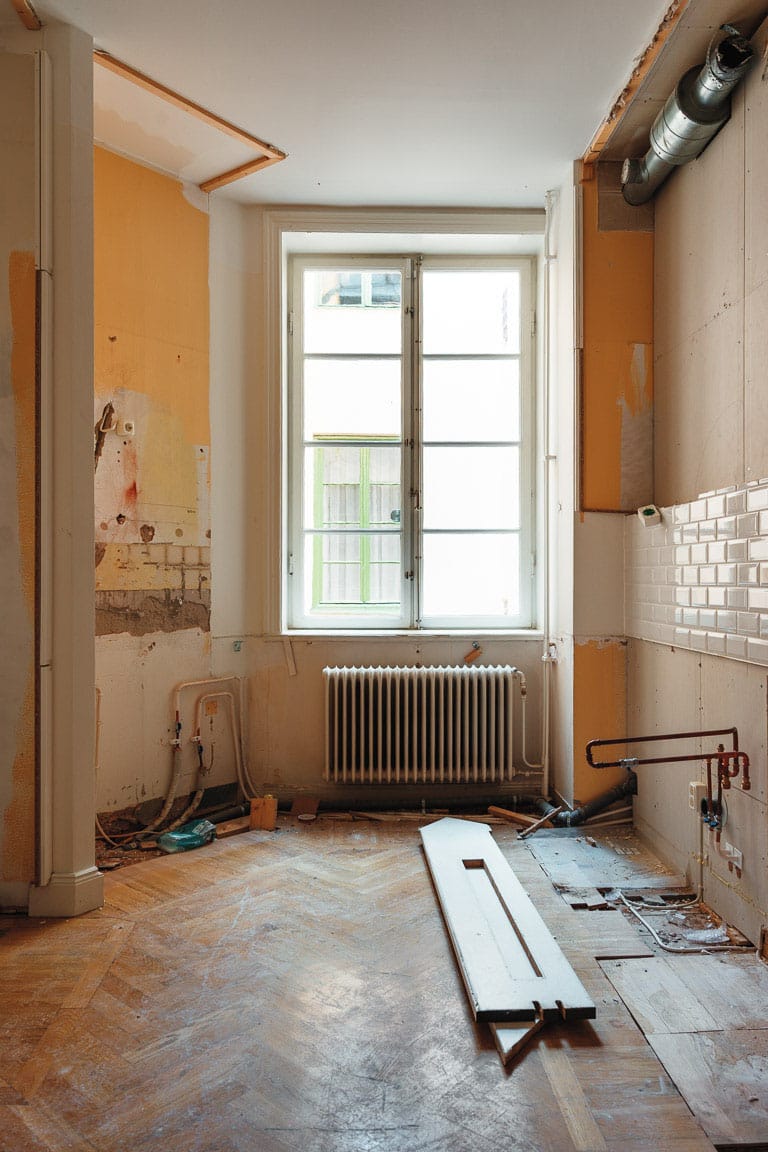 Bild på pågående totalrenovering av lägenhet på Östermalm